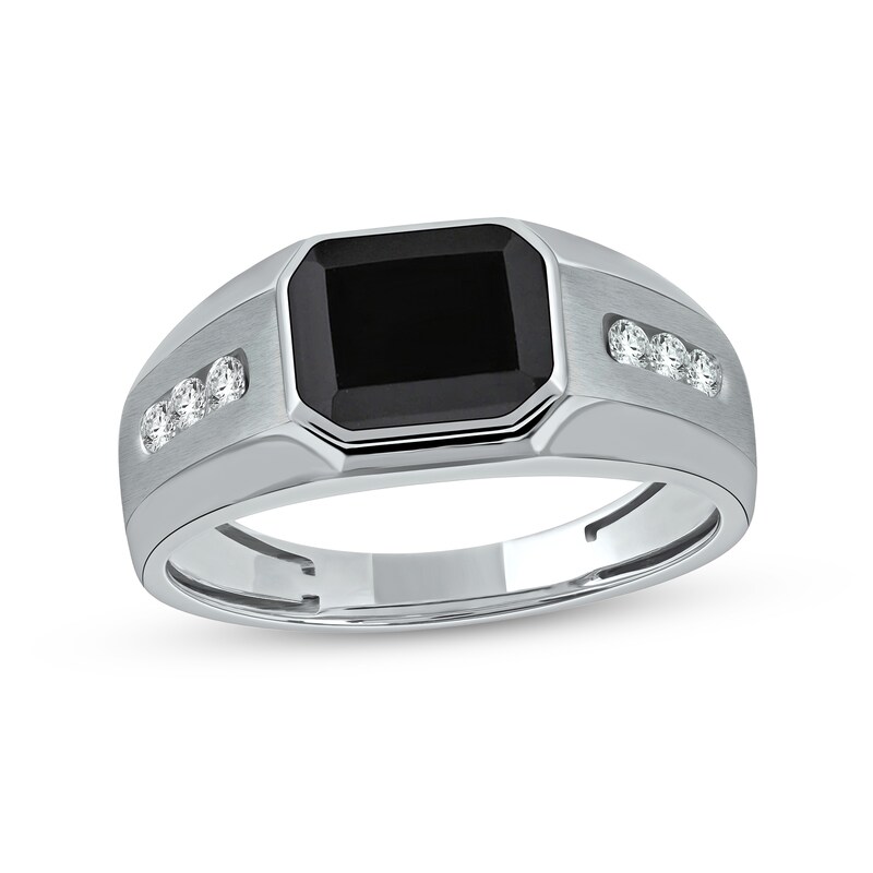 Main Image 1 of Sideways Octagonal Black Onyx and White Lab-Created Sapphire Tri-Sides Channel Band in Sterling Silver