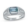 Thumbnail Image 1 of Sideways Octagonal Simulated Aquamarine and White Lab-Created Sapphire Tri-Sides Channel Band in Sterling Silver