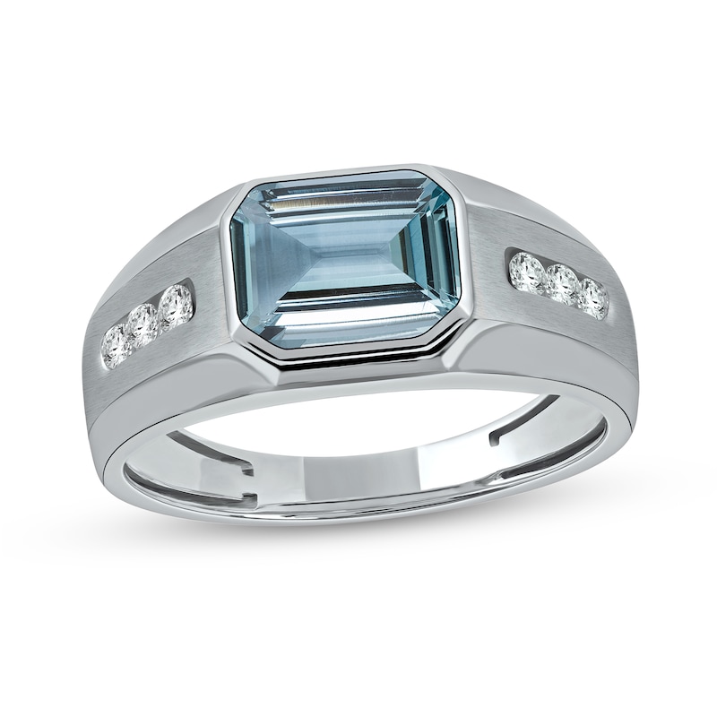 Main Image 1 of Sideways Octagonal Simulated Aquamarine and White Lab-Created Sapphire Tri-Sides Channel Band in Sterling Silver