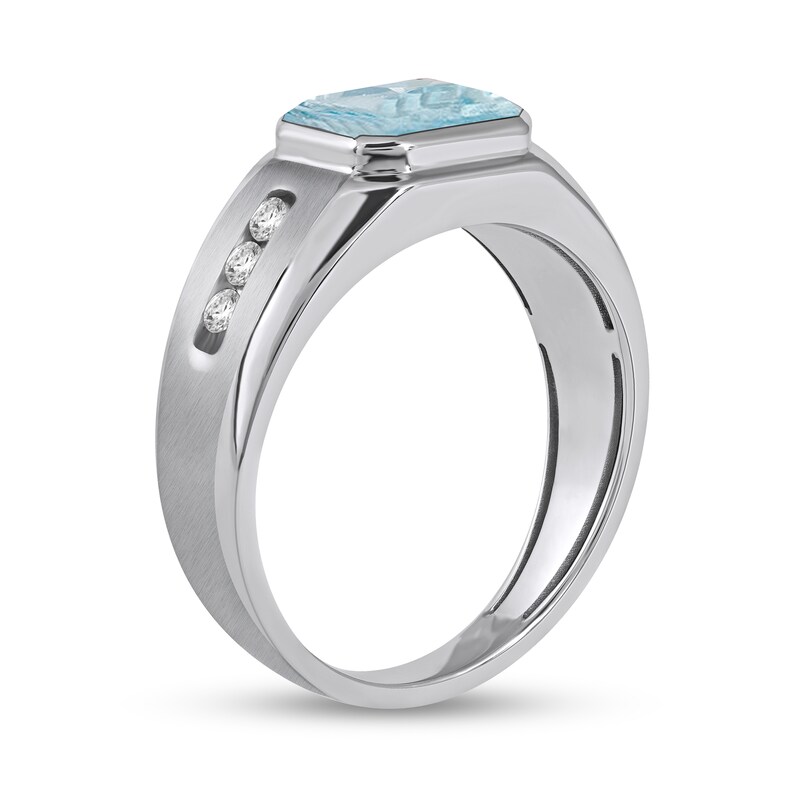 Main Image 2 of Sideways Octagonal Simulated Aquamarine and White Lab-Created Sapphire Tri-Sides Channel Band in Sterling Silver