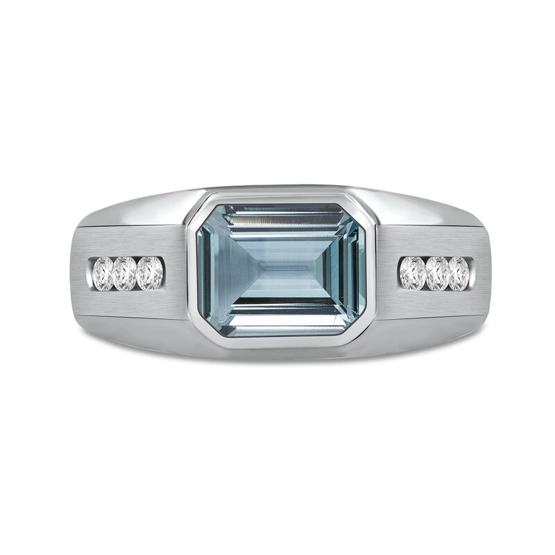 Main Image 3 of Sideways Octagonal Simulated Aquamarine and White Lab-Created Sapphire Tri-Sides Channel Band in Sterling Silver