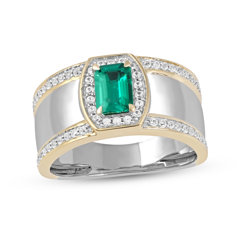 Main Image 1 of Emerald-Cut Lab-Created Emerald and White Lab-Created Sapphire Triple Row Band in Sterling Silver and 10K Gold