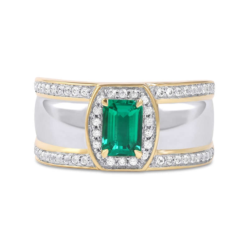 Main Image 3 of Emerald-Cut Lab-Created Emerald and White Lab-Created Sapphire Triple Row Band in Sterling Silver and 10K Gold