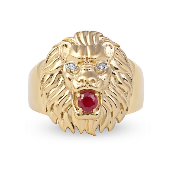 4.0mm Ruby and Diamond Accent Lion Head Ring in 10K Gold