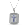 Thumbnail Image 1 of Men's Baguette Blue and White Lab-Created Sapphire Octagonal Frame Cross Dog Tag Pendant in Sterling Silver - 22"