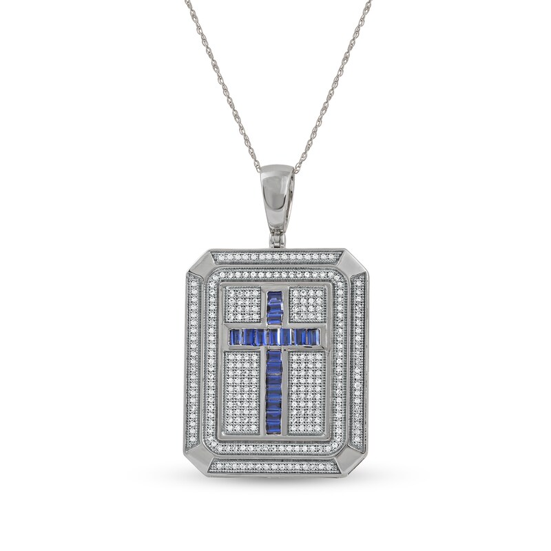 Main Image 1 of Men's Baguette Blue and White Lab-Created Sapphire Octagonal Frame Cross Dog Tag Pendant in Sterling Silver - 22"
