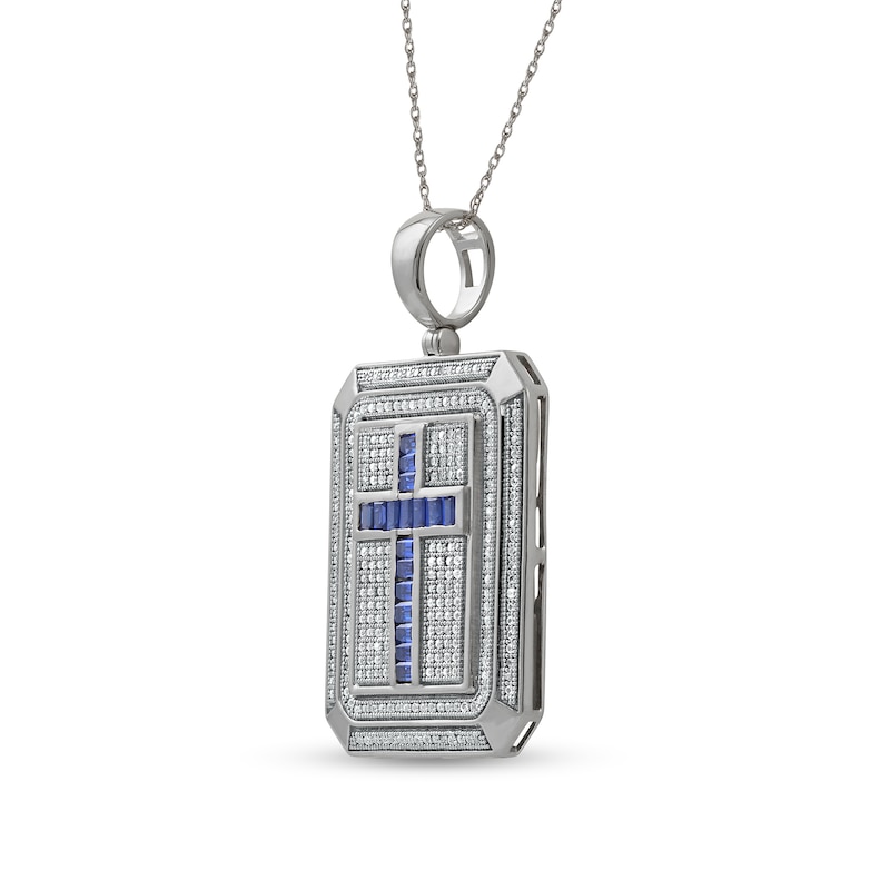 Main Image 2 of Men's Baguette Blue and White Lab-Created Sapphire Octagonal Frame Cross Dog Tag Pendant in Sterling Silver - 22"