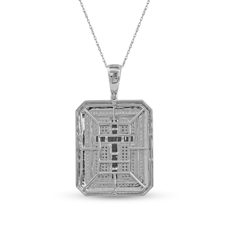 Men's Baguette Blue and White Lab-Created Sapphire Octagonal Frame Cross Dog Tag Pendant in Sterling Silver - 22"