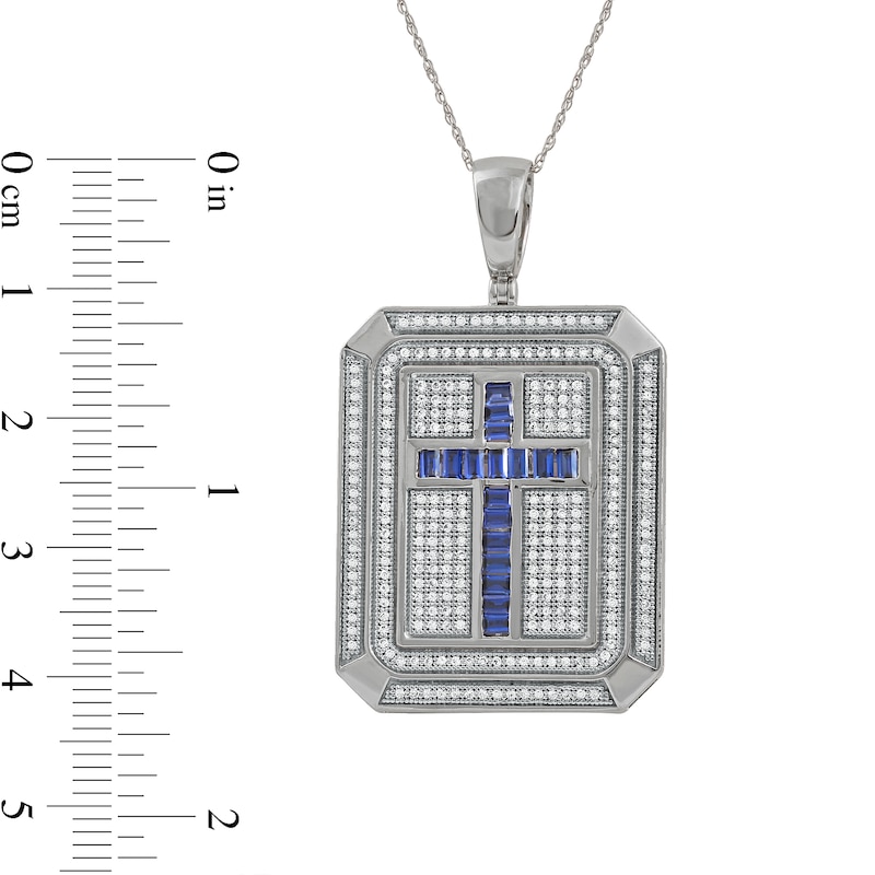 Men's Baguette Blue and White Lab-Created Sapphire Octagonal Frame Cross Dog Tag Pendant in Sterling Silver - 22"