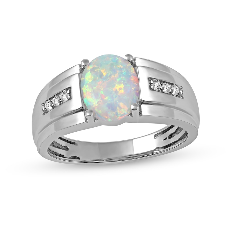 Main Image 1 of Men's Oval Lab-Created Opal and White Lab-Created Sapphire Tri-Sides Stepped Edge Band in Sterling Silver