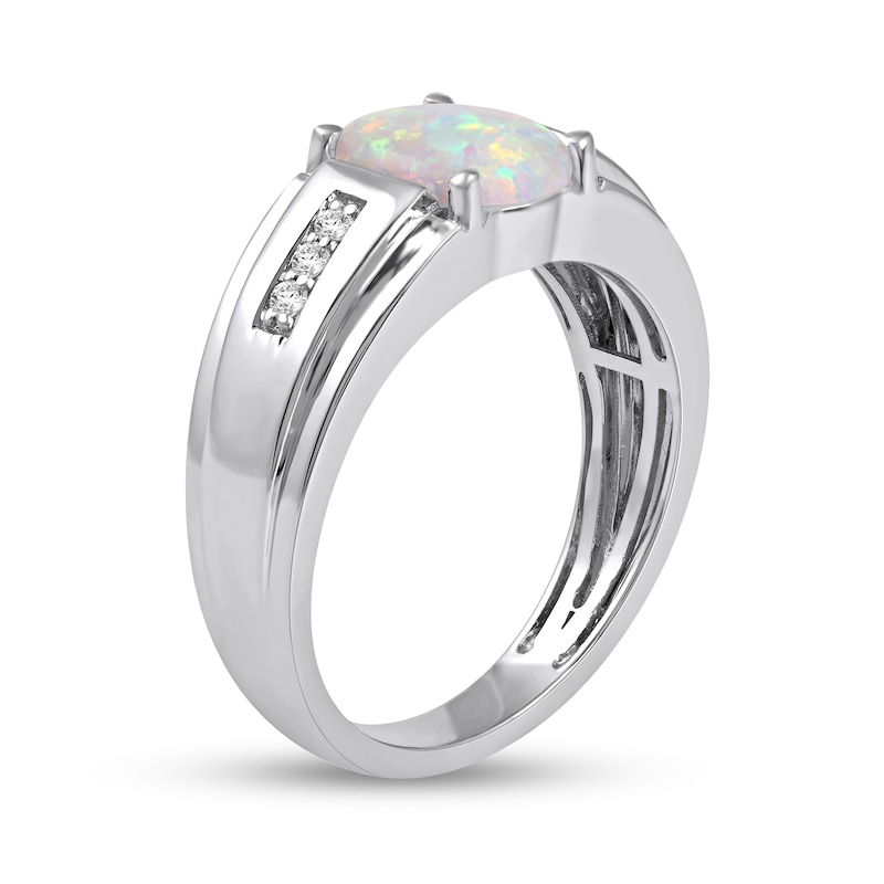 Main Image 2 of Men's Oval Lab-Created Opal and White Lab-Created Sapphire Tri-Sides Stepped Edge Band in Sterling Silver