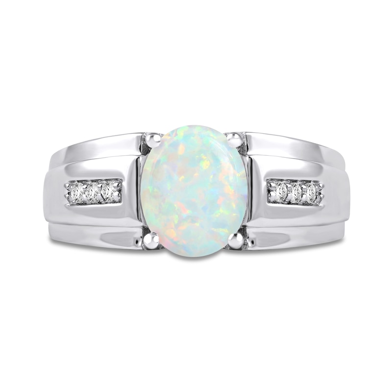 Main Image 3 of Men's Oval Lab-Created Opal and White Lab-Created Sapphire Tri-Sides Stepped Edge Band in Sterling Silver