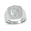 Thumbnail Image 1 of Men's Oval Lab-Created Opal and White Lab-Created Sapphire Frame Bold Shank Band in Sterling Silver