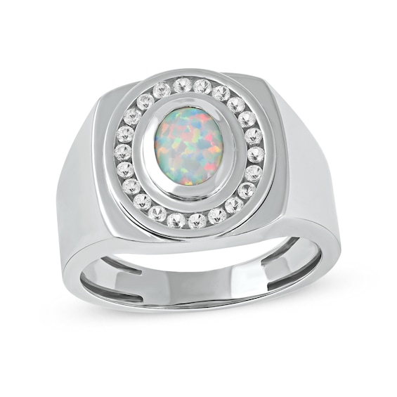 Oval Lab-Created Opal and White Lab-Created Sapphire Frame Bold Shank Band in Sterling Silver