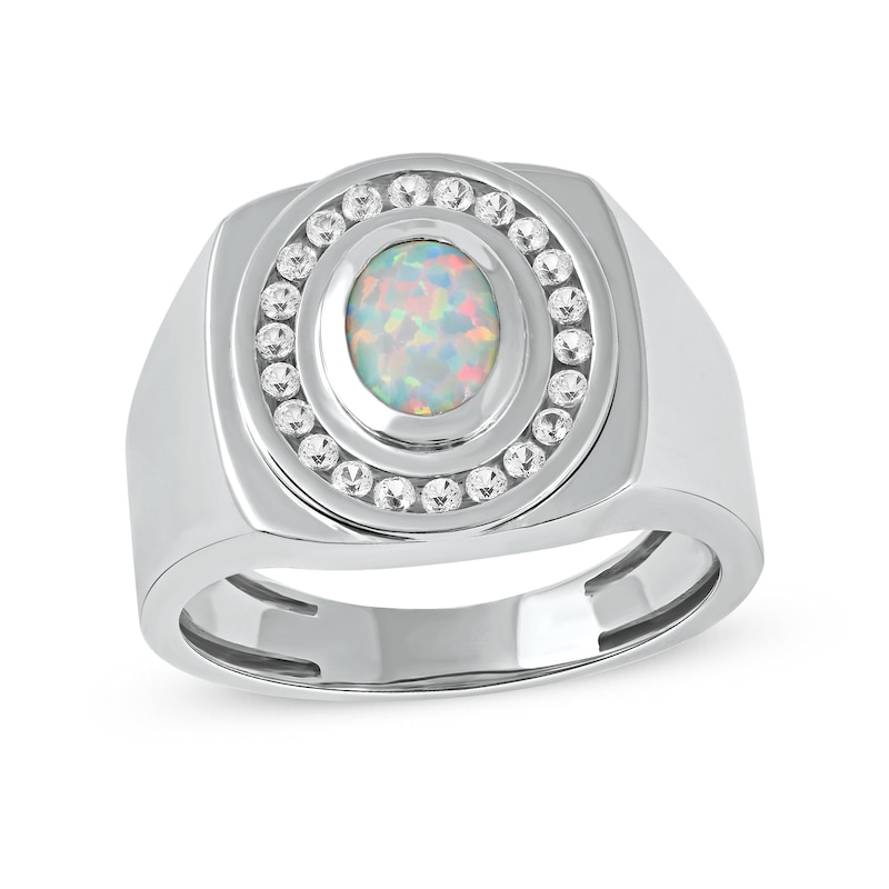 Main Image 1 of Men's Oval Lab-Created Opal and White Lab-Created Sapphire Frame Bold Shank Band in Sterling Silver