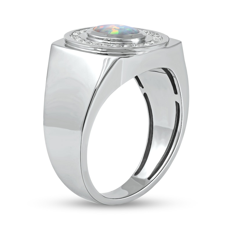 Main Image 2 of Men's Oval Lab-Created Opal and White Lab-Created Sapphire Frame Bold Shank Band in Sterling Silver