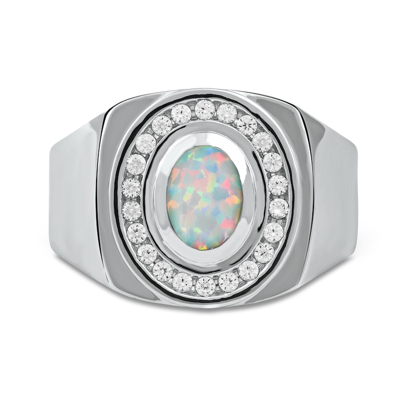 Main Image 3 of Men's Oval Lab-Created Opal and White Lab-Created Sapphire Frame Bold Shank Band in Sterling Silver