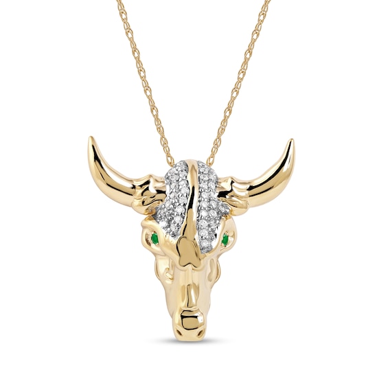 Men's Emerald and 1/10 CT. T.w. Diamond Bull Skull Pendant in 10K Gold â 22"