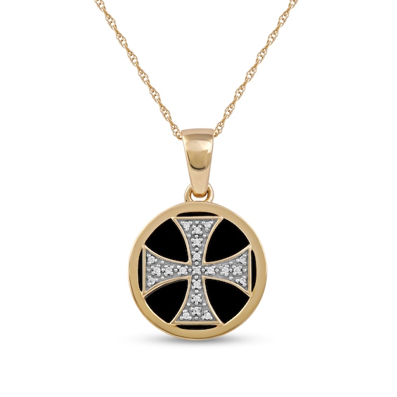 Men's 14.0mm Hematite and 1/20 CT. T.w. Diamond Flared Cross Overlay Disc Pendant in 10K Gold - 22"