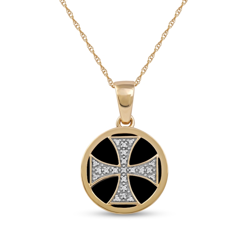 Main Image 1 of Men's 14.0mm Hematite and 1/20 CT. T.W. Diamond Flared Cross Overlay Disc Pendant in 10K Gold - 22"