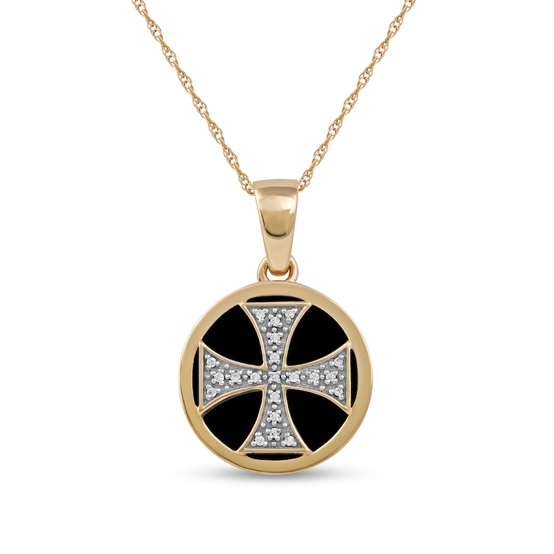 Men's 14.0mm Hematite and 1/20 CT. T.W. Diamond Flared Cross Overlay Disc Pendant in 10K Gold - 22"