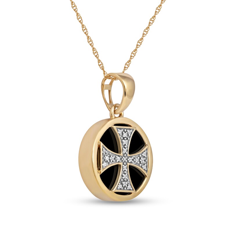 Men's 14.0mm Hematite and 1/20 CT. T.W. Diamond Flared Cross Overlay Disc Pendant in 10K Gold - 22"