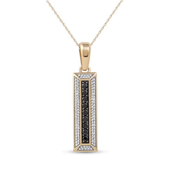 Men's Black Spinel and White Lab-Created Sapphire Frame Three-Dimensional Vertical Bar Pendant in 10K Gold â 22"