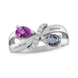 Couple's Pear-Shaped Gemstone and Lab-Created White Sapphire "X" Ring (2 Stones and Lines)