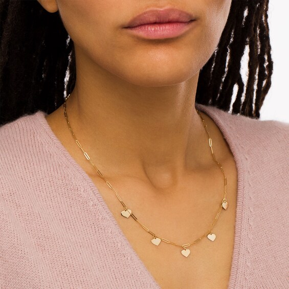 Mini Heart Dangle Station Necklace in 10K Gold