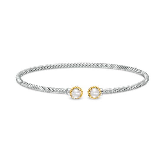5.0mm Button Freshwater Cultured Pearl Duo Rope Bangle in Sterling Silver and 10K Gold