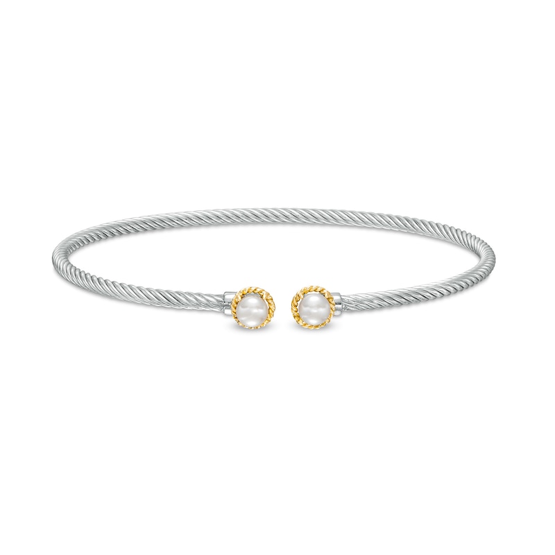Main Image 1 of 5.0mm Button Freshwater Cultured Pearl Duo Rope Bangle in Sterling Silver and 10K Gold