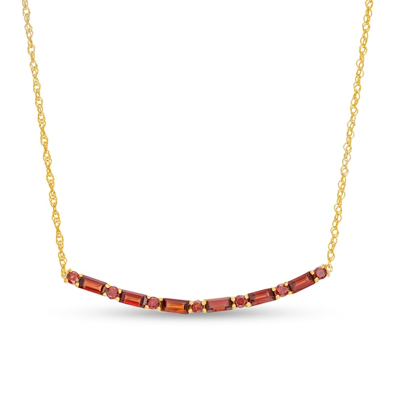 Alternating Baguette and Round Garnet Curved Bar Necklace in Sterling Silver with 14K Gold Plate