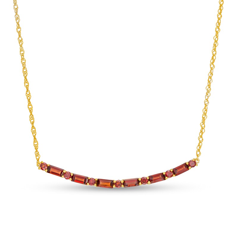 Main Image 1 of Alternating Baguette and Round Garnet Curved Bar Necklace in Sterling Silver with 14K Gold Plate