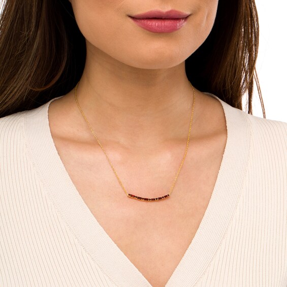 Alternating Baguette and Round Garnet Curved Bar Necklace in Sterling Silver with 14K Gold Plate