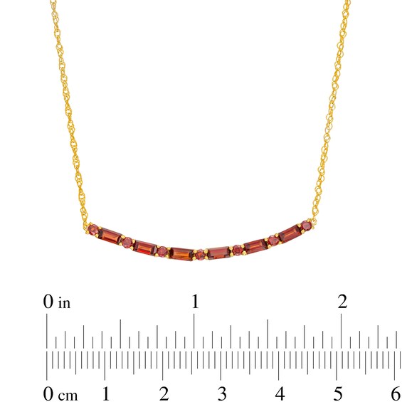 Alternating Baguette and Round Garnet Curved Bar Necklace in Sterling Silver with 14K Gold Plate