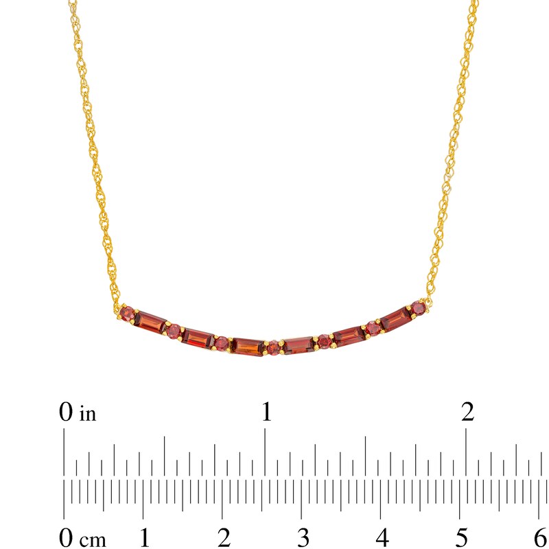 Main Image 3 of Alternating Baguette and Round Garnet Curved Bar Necklace in Sterling Silver with 14K Gold Plate
