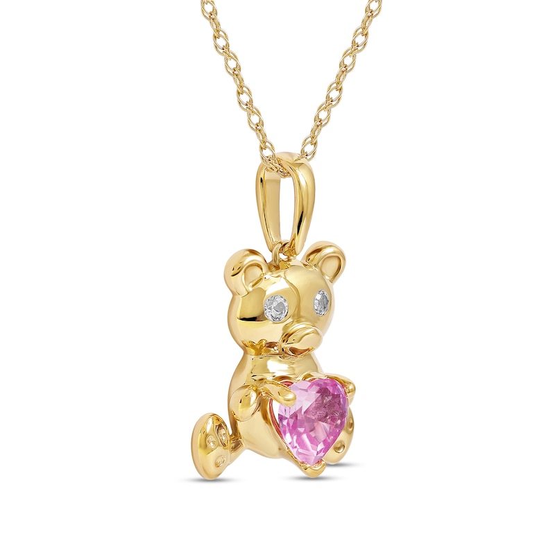 Main Image 2 of 5.0mm Heart-Shaped Pink and White Lab-Created Sapphire Teddy Bear Pendant in Sterling Silver with 14K Gold Plate