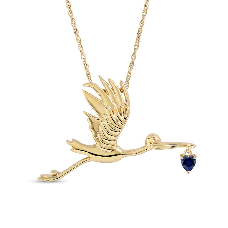 Main Image 1 of 3.0mm Heart-Shaped Blue Lab-Created Sapphire Flying Stork Pendant in Sterling Silver with 14K Gold Plate