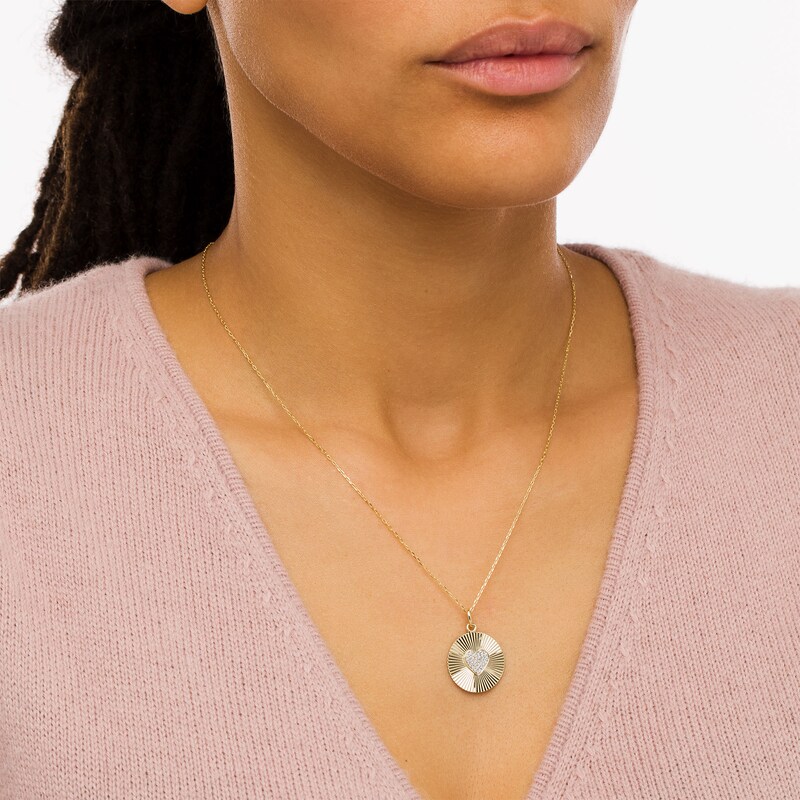 Main Image 2 of 1/10 CT. T.W. Diamond Heart Textured Disc Pendant in 10K Gold