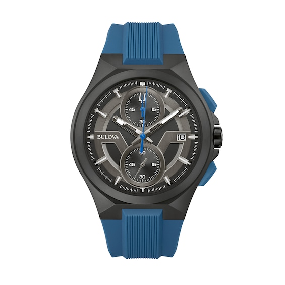 Men's Bulova Maquina Black IP Chronograph Blue Strap Watch with Black Dial (Model: 98B380)