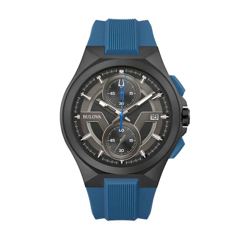 Main Image 1 of Men's Bulova Maquina Black IP Chronograph Blue Strap Watch with Black Dial (Model: 98B380)
