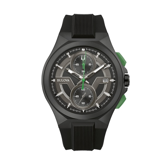 Men's Bulova Maquina Black IP Chronograph Black Strap Watch with Black Dial (Model: 98B381)