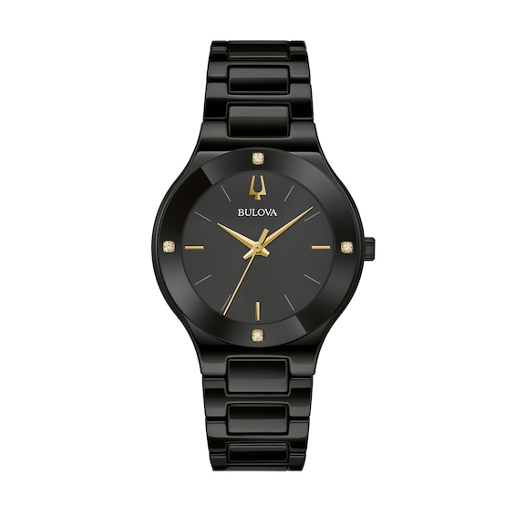 Ladies' Bulova Modern Millenia Diamond Accent Black IP Ceramic Watch with Black Mother-of-Pearl Dial (Model: 98R293)