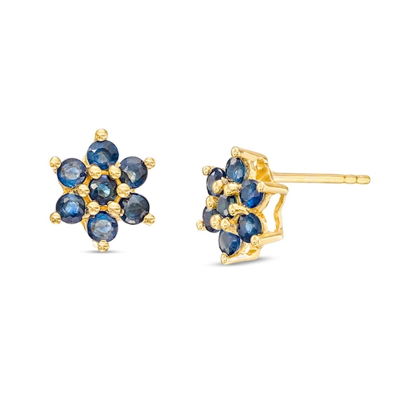 Blue Sapphire Flower Stud Earrings in 10K Gold