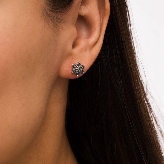 Blue Sapphire Flower Stud Earrings in 10K Gold