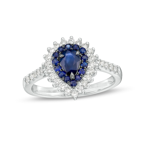 Pear-Shaped Blue Sapphire and 1/3 CT. T.w. Diamond Frame Ring in 10K White Gold