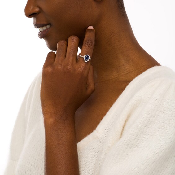 Pear-Shaped Blue Sapphire and 1/3 CT. T.w. Diamond Frame Ring in 10K White Gold