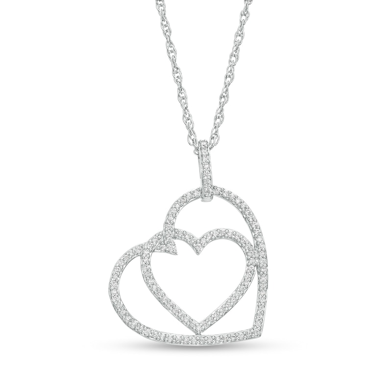 Main Image 1 of 1/4 CT. T.W. Diamond Interlocking Offset Hearts Pendant in 10K White Gold