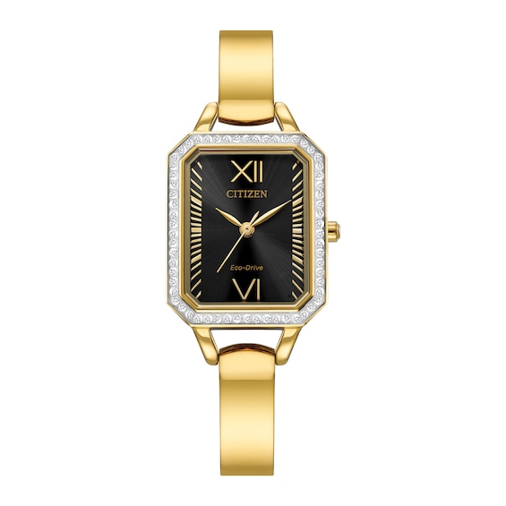 Ladies' Citizen Eco-DriveÂ® Silhouette Crystal Gold-Tone Bangle Watch with Rectangular Black Dial (Model: Em0982-54E)