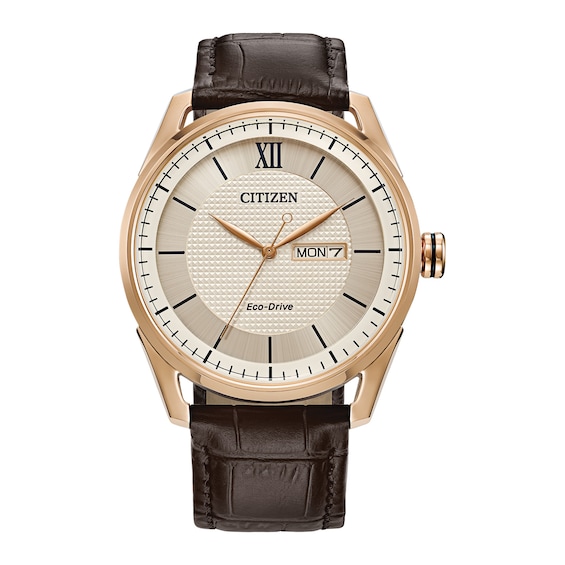 Men's Citizen Eco-DriveÂ® Classic Rose-Tone Leather Strap Watch with Ivory Dial (Model: Aw0082-01A)